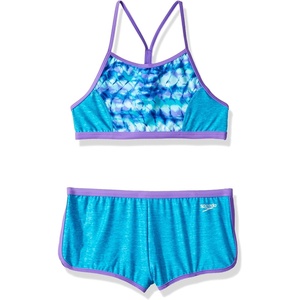 image:imageSpeedo Girls Swimsuit Two Piece Bikini Boy Short SetDigi Zig Zag Cyan
