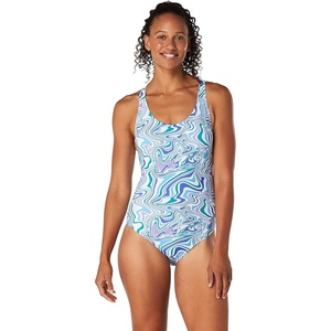 image:imageSpeedo Womens Swimsuit One Piece Thin Strap High CutTopography Swirl Dazzling Blue