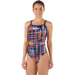 image:imageSpeedo Womens Powerflex Eco Laser Sticks Flyback SwimsuitLaser NavyOrange